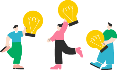ひらめきを表す電球を手に持った3人のイラスト