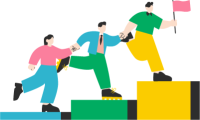 表彰台の上に立ち、それぞれ旗やプレゼントを持つ3人のイラスト