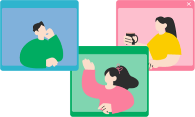 遠隔地で画面越しに話す3人のイラスト