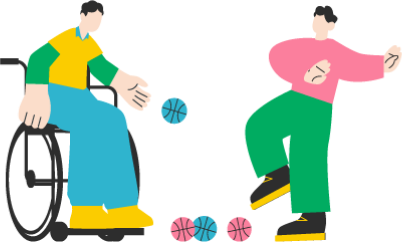 車いすの人と、男の人が一緒にボッチャで遊ぶ様子のイラスト