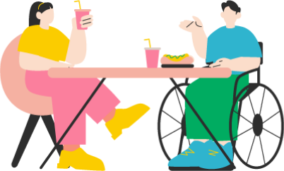 2人がテーブルの上で食事をしているイラスト