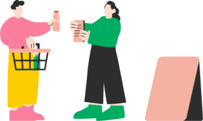 買い物かごを持った人が、販売ブースで買い物をしているイラスト