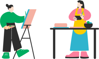 2人が一緒に工作や絵を描いているワークショップのイラスト